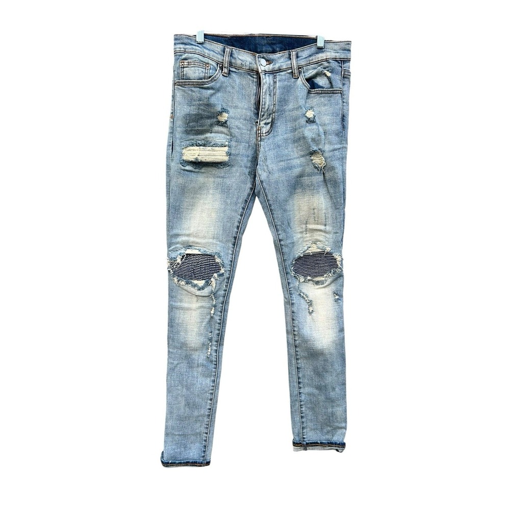 MNML Men's Size 32x34 Distressed Blue Slim Fit Denim Jeans Stretch EUC